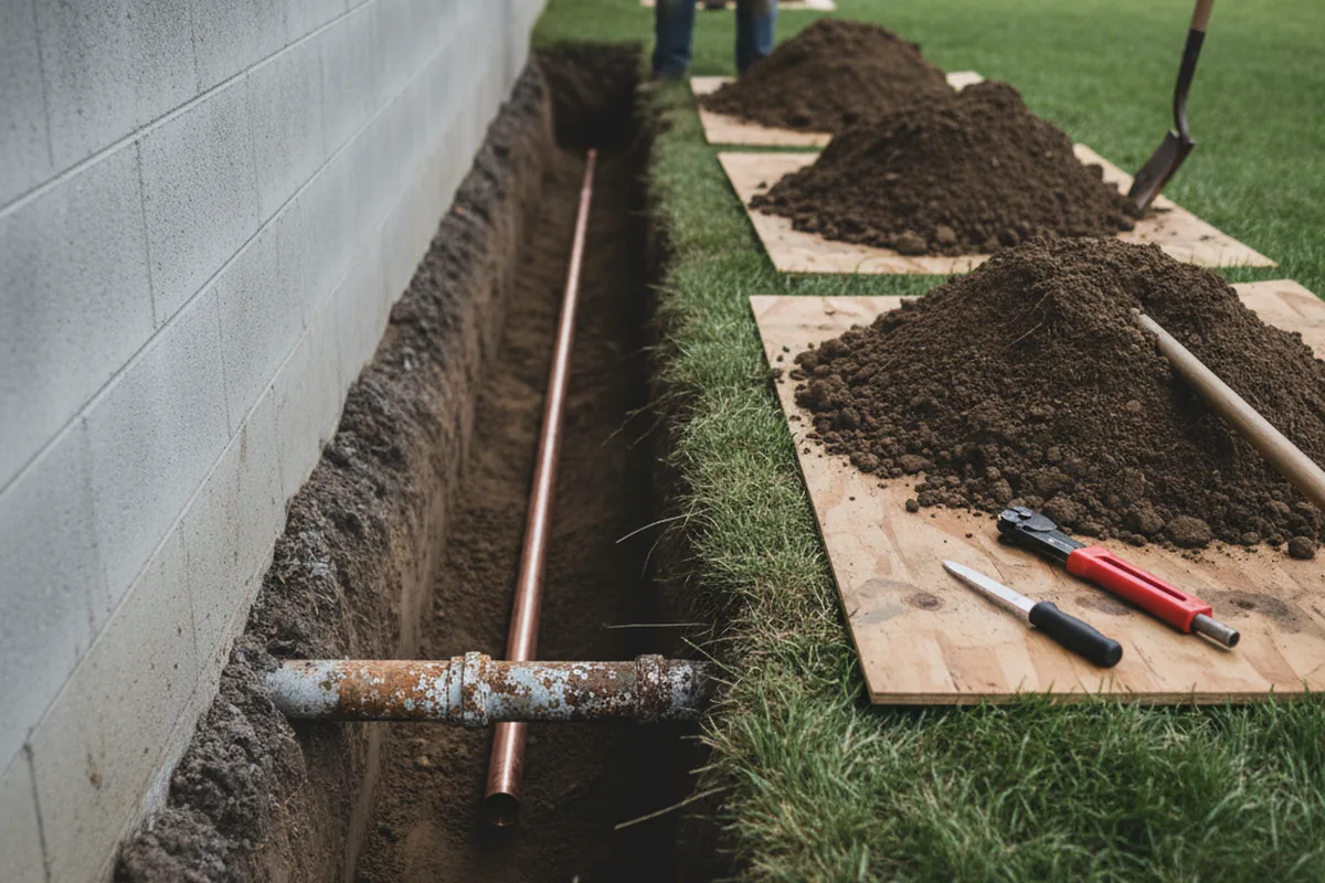 Excavated water line trench during Water Softener Installation in Kilauea